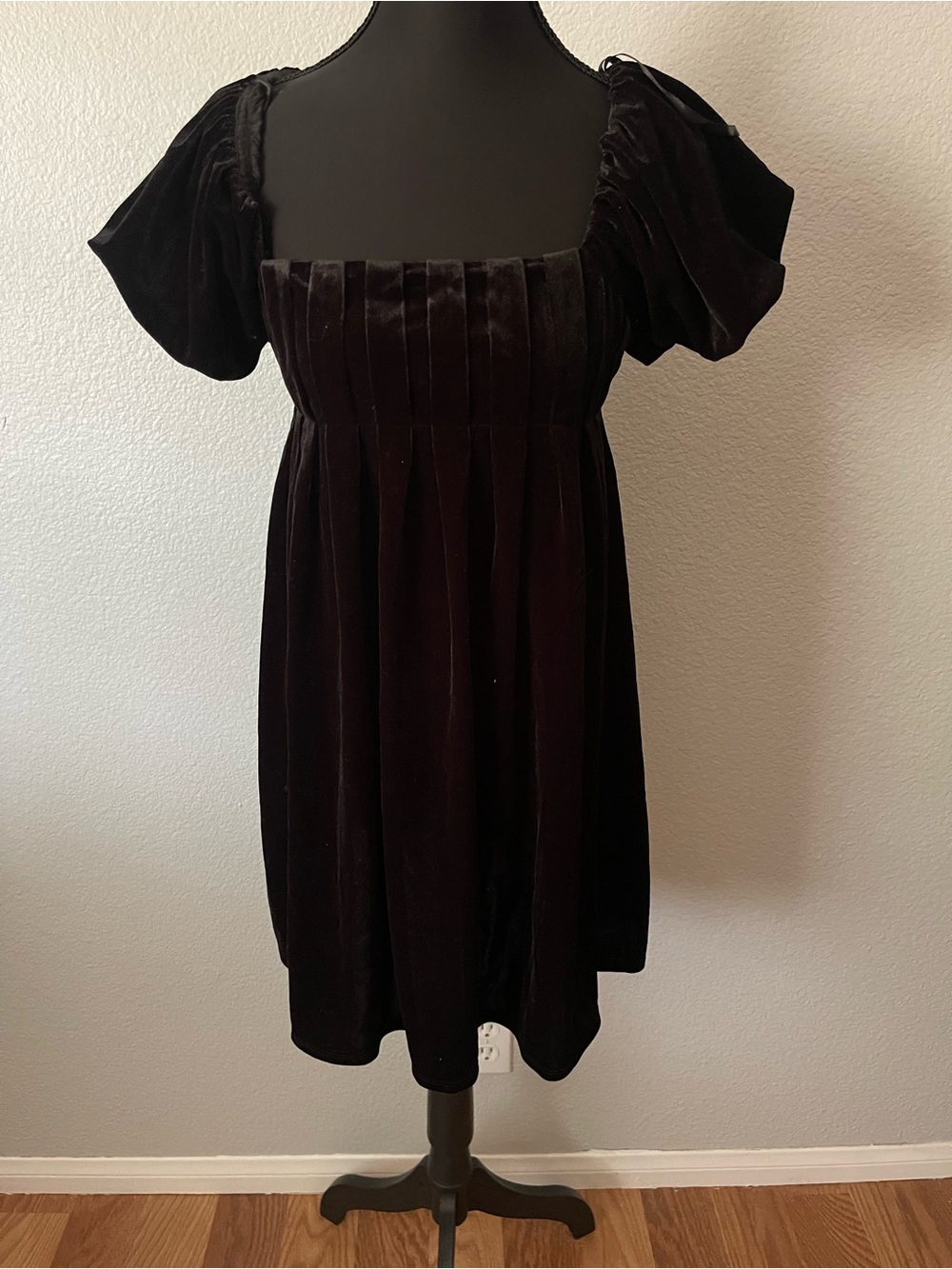 BeBop Black Velvet Pleated Empire Mini Dress